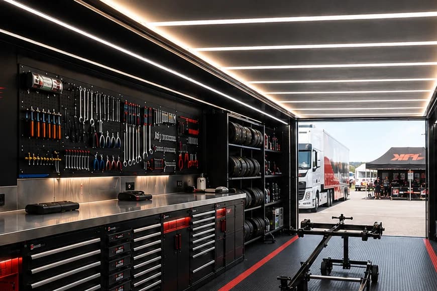 Inside the workshop: tool wall, workbench and tyre racks, with the paddock through the open door