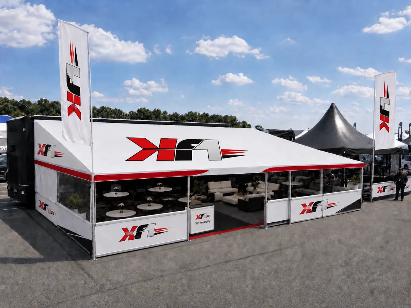 Covered hospitality area beside a KF1 transporter