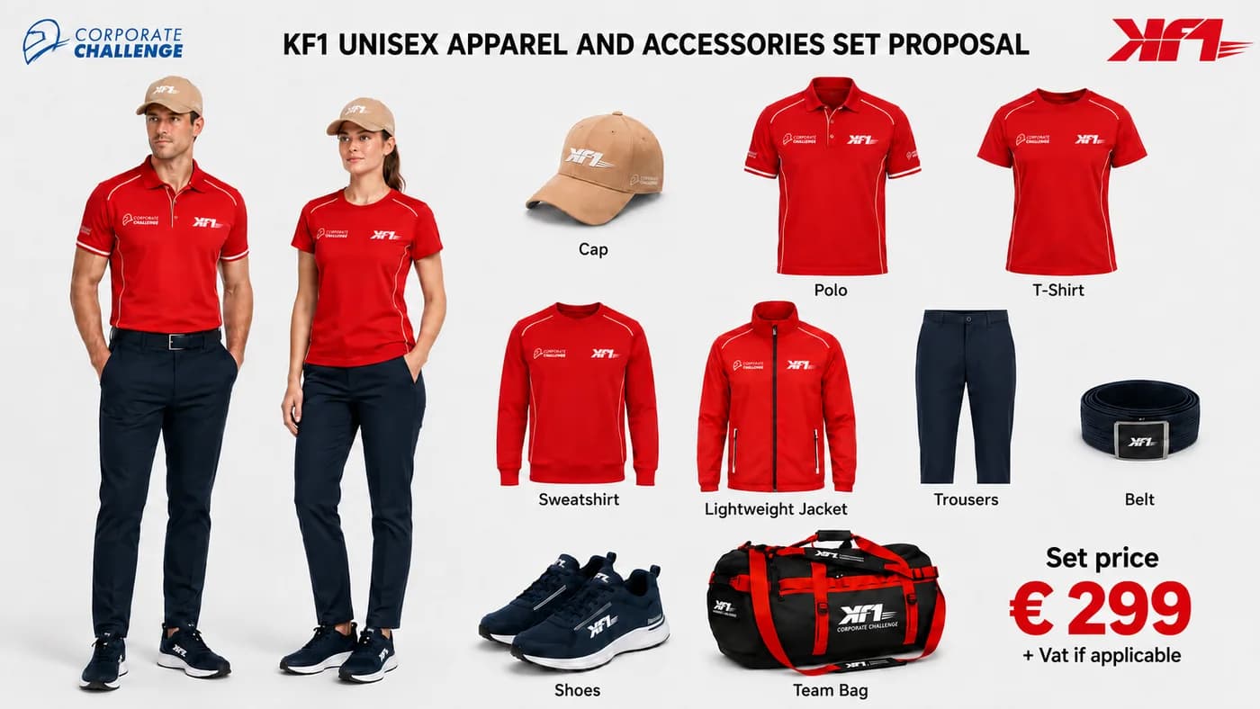 Proposition du fournisseur pour le set tenue en rouge et bleu marine : casquette, polo, T-shirt, sweat-shirt, veste légère, pantalon, ceinture, chaussures et sac d’équipe