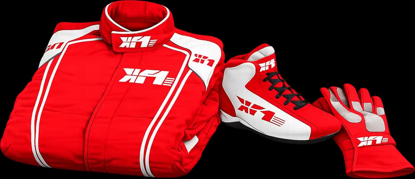 Rendu illustratif d’une combinaison de course KF1 rouge, de chaussures et de gants de course